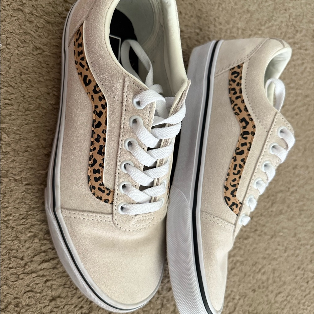 Vans Women's Cream Sneakers with Leopard Detail